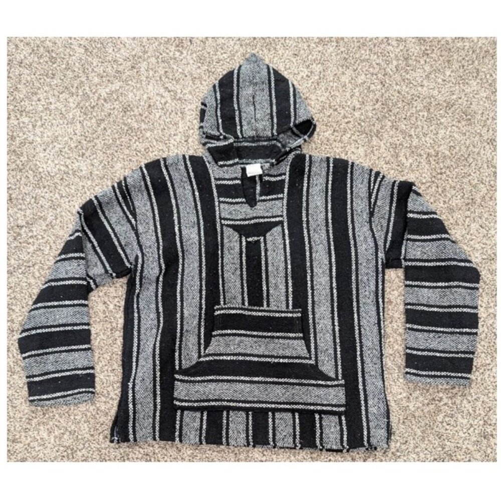 Baja Jacket Black Gray Striped Size XL Mexican Hoodie Surfer Pullover Hippie